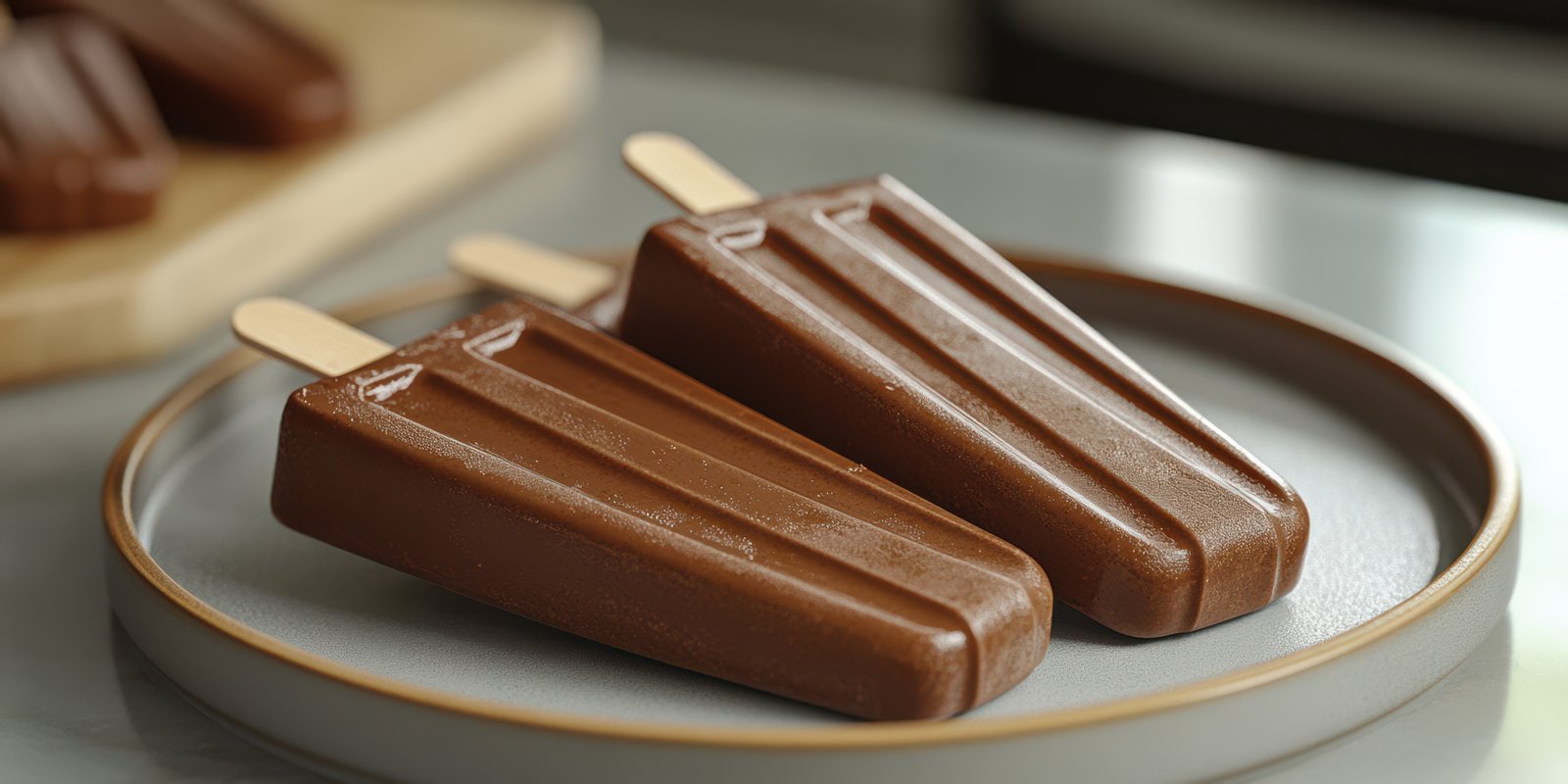 Chocolate frozen treats arranged on a gray plate with wooden popsicles in the background